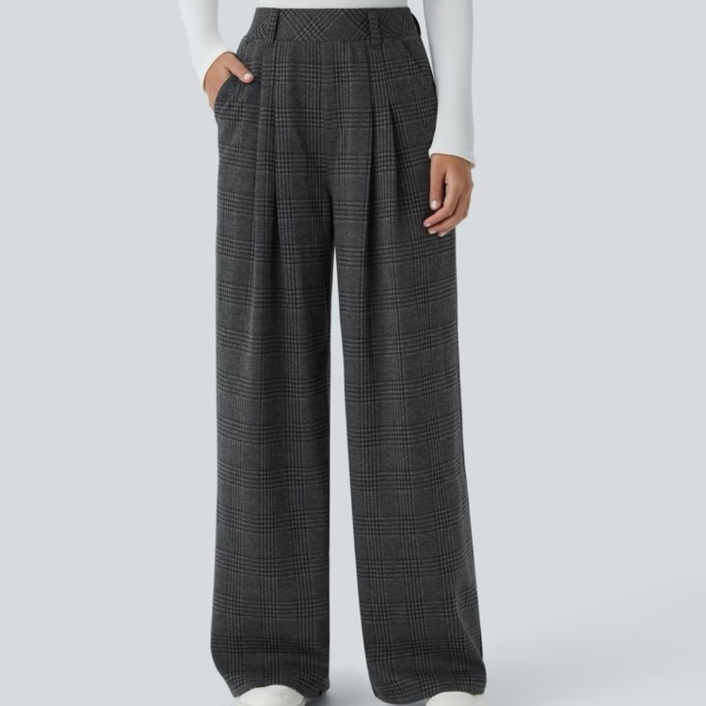 Halara High Waisted Pocket Wide Leg Houndstooth Plaid Casual Pants